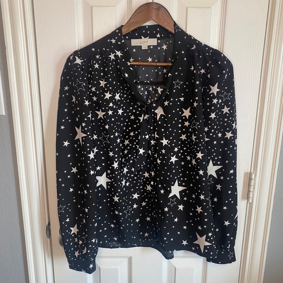 LOFT Tops - LOFT Womens Blouse Small Black White Star Print Tie Neck Long Sleeve Novelty‎